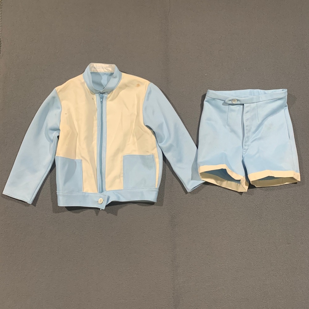Vintage 70s Tracksuit Kids‎ Toddler Blue Cream Zip Jacket Shorts Set